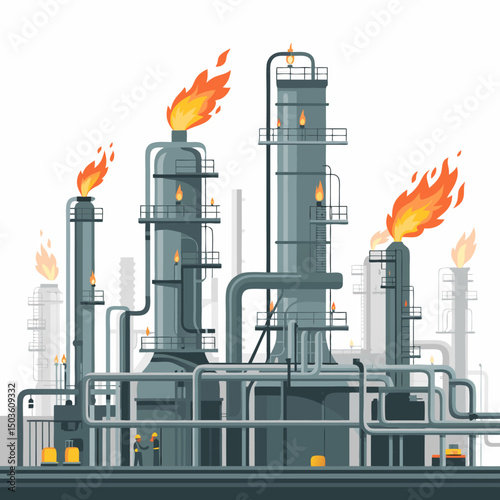 Industrial Power Plant Vector Illustration – Flat Design generic industrial plant with Pipes, Tanks and Distillation Towers	
