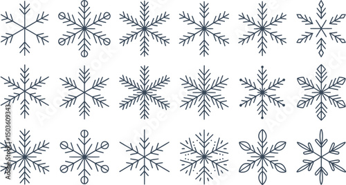 Collection of decorative snowflake vector illustrations in various styles for christmas and winter designs