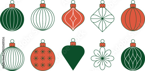 Festive holiday ornament designs collection featuring various shapes and seasonal decorative elements in green and red