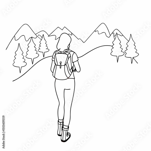 Trekking Woman Prepares to Explore Mountains in Flat Design Vector Illustration