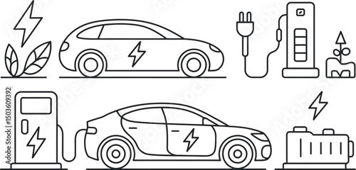 Modern electric cars charging stations and energy concepts illustrated in black and white