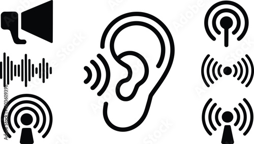 Black and white illustration of sound wave antenna signal icon and ear symbol elements