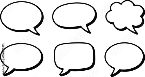 Collection of six blank speech bubbles in simple black and white illustration for communication