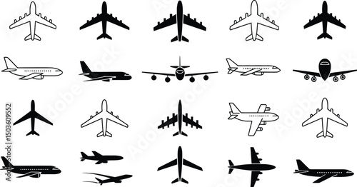 Collection of various plane silhouettes depicting different airplane views for travel and aviation themes
