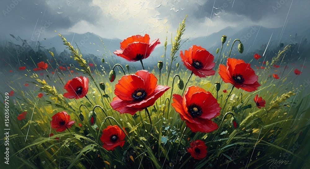 Obraz premium Impressionistic Oil Painting of Red Poppies in Stormy Field with Rain and Misty Mountains