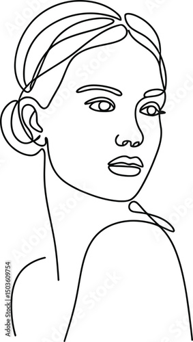 Elegant minimalist one line drawing of a woman's face and upper body in black and white