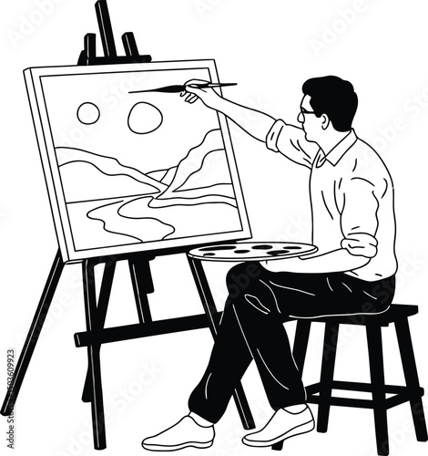 An artist working on a landscape painting in a black and white line art illustration