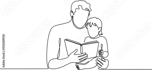 Father and child reading together in continuous line art illustration concept