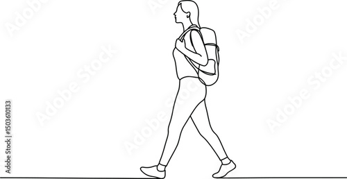 Simple line drawing of a woman hiking with a backpack depicting outdoor adventure