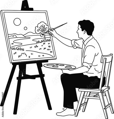 Artist painting landscape on easel wearing shirt sitting on chair with palette and brush