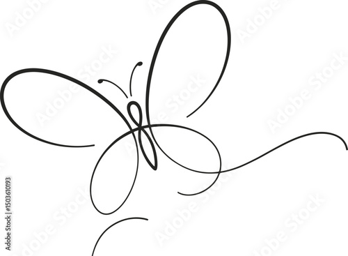 Elegant black line art butterfly illustration depicting movement and grace on white background