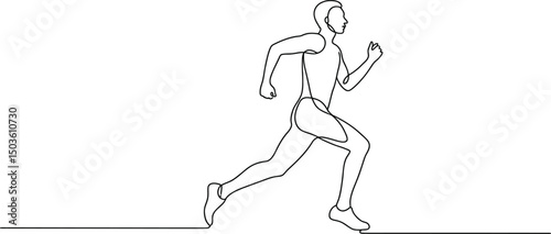 Continuous line drawing of a male runner in motion demonstrating athleticism and speed
