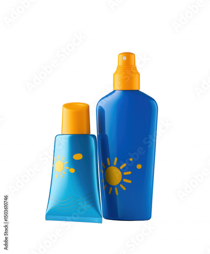 Two sunscreen products with transparent background, blue body, orange cap, and yellow sun design