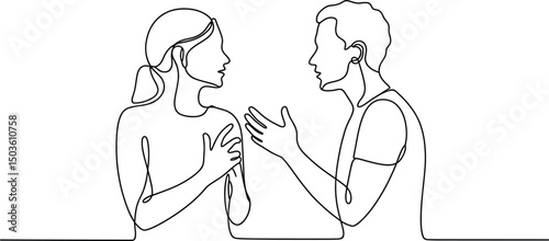 Single continuous line drawing illustrating a conversation between a man and a woman