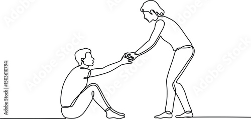 Line drawing of two people offering support and help to a person in need