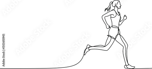 Single continuous line drawing of a running woman in athletic clothing and movement
