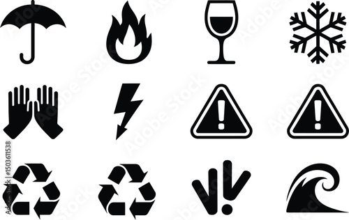 Collection of vector packaging symbols and hazard icons for transportation and handling