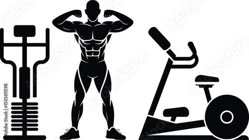 Silhouette of muscular man flexing with gym equipment in black and white fitness theme