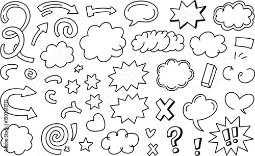 Hand drawn black and white doodle elements collection including arrows speech bubbles and stars