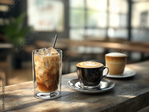 A table with 3 different coffees one ice coffee