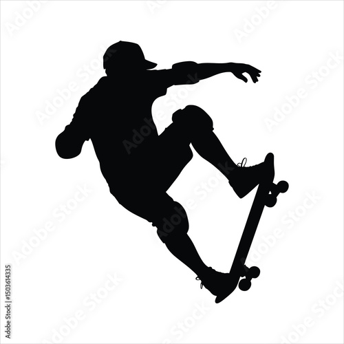 Silhouette of a skateboarder performing an aerial trick against a white background