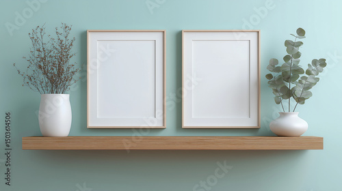 木製フレームのアートポスターと小物が並ぶシンプルな壁面ディスプレイ