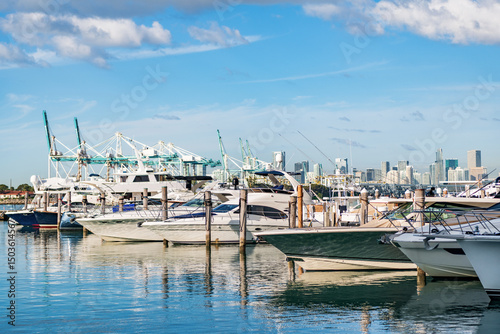 Yachting marina. Luxury yacht charter. Miami port marina. Luxury yachting in summer. Docked yacht in Miami beach. Marina luxury cityscape. Docked charter yacht. Motorboat docked in harbor