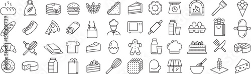ベクターでモノクロのベーカリーに関する線画アイコンセット
