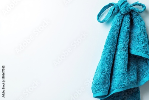 A teal terrycloth towel hangs from a hook.