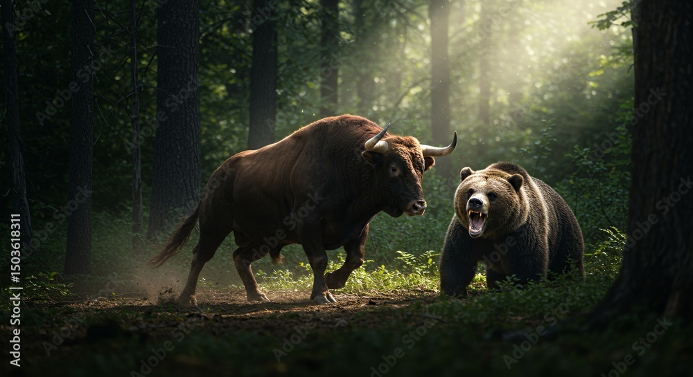 Fototapeta premium Bull and Bear Confrontation in the Forest