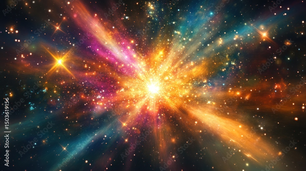 Fototapeta premium Cosmic explosion, vibrant colorful nebula radiating outwards through starry space.