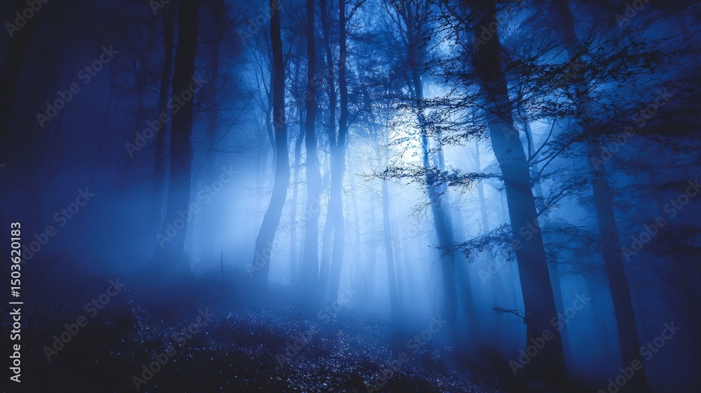 Fototapeta premium Spooky foggy forest with dense mist and eerie moonlight shining through dark trees at night, mysterious atmospheric woodland landscape perfect for horror, fantasy, and haunting mood concepts