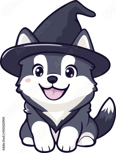 Happy cute husky dog wearing a wizard hat