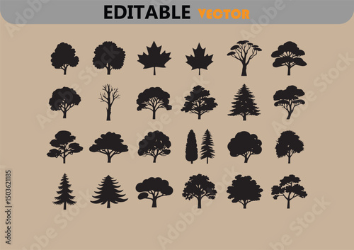 Collection of black silhouettes of various trees and leaves