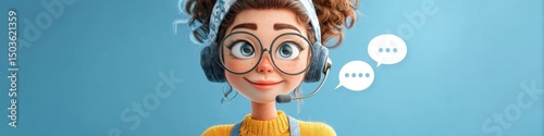 Cheerful Cartoon Character with Headset Engaged in Communication Against Blue Background