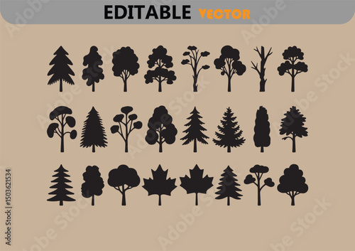 Collection of black silhouette tree icons