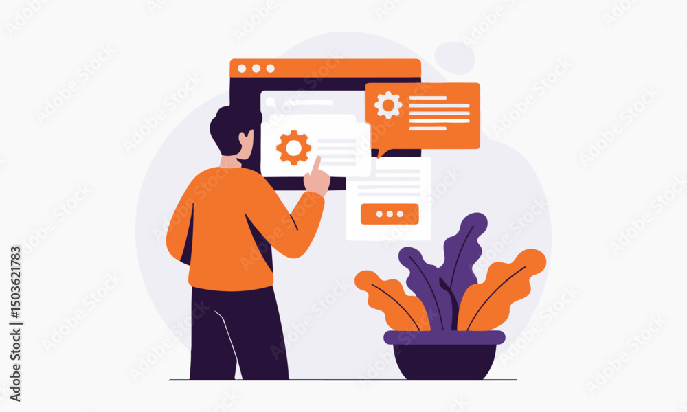 Illustration of a man interacting with a web interface, focusing on settings and configuration, perfect for technology and development-related content. Illustration of a man interacting with a web interface, focusing on settings and configuration, perfect for technology and development-related content.