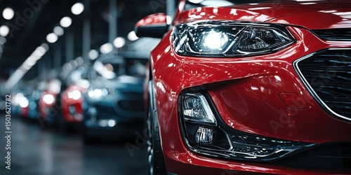Contemporary Fleet of Compact Cars in Studio Garage with Red Standout Vehicle