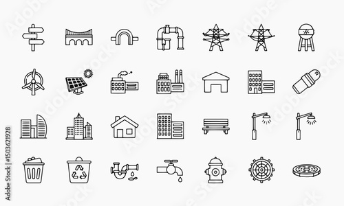 A comprehensive set of thin outline vector icons representing various aspects of urban infrastructure, city elements, environmental sustainability, and utilities