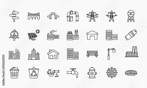 A comprehensive set of thin outline vector icons representing various aspects of urban infrastructure, city elements, environmental sustainability, and utilities.