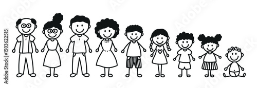 Collection of stick figures. Happy family. Doodle style vectors. Editable and isolated on white background. Father, mother, grandparents, teens, children and baby..eps