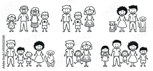 Set of different stick figures drawn in stick figure style. Father, mother, teenagers, children, babies and pets. Editable vector in doodle style..eps