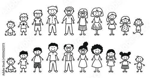 Set of hand drawn stick figures. Happy diverse family. Father, mother, grandfather, grandmother, son, daughter, baby. Vector isolated on white background..eps