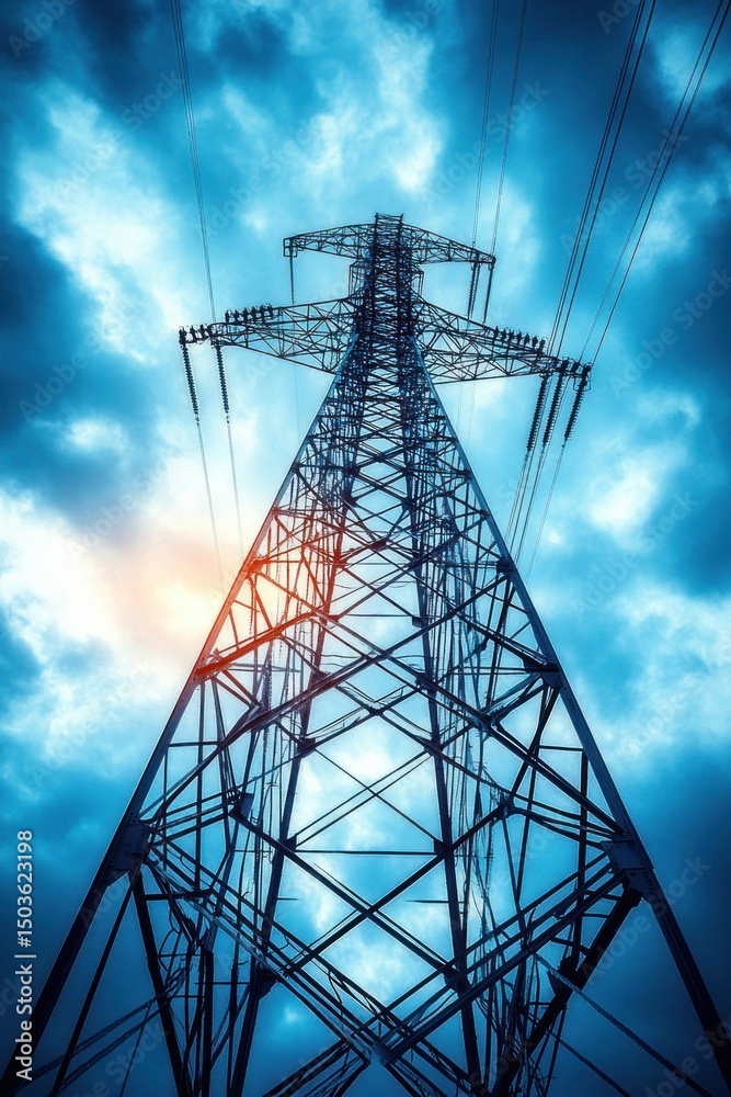 View looking up at a tall electric transmission tower against a dramatic cloudy blue sky with sunlight peeking through View looking up at a tall electric transmission tower against a dramatic cloudy blue sky with sunlight peeking through