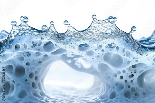 Close-up of clear water splash with bubbly texture and crown-like shapes, creating an abstract and dynamic fluid motion