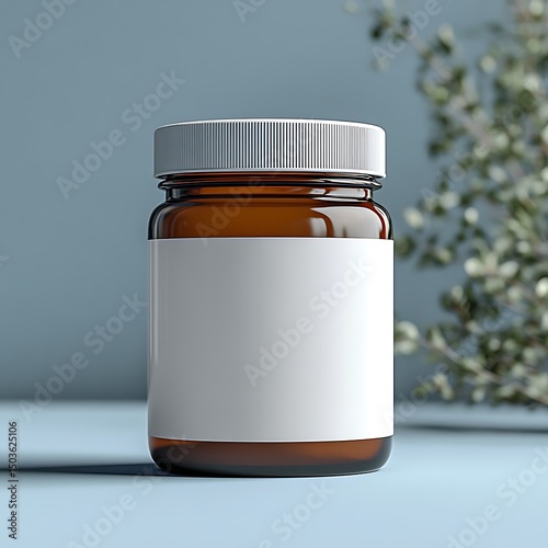 A brown glass jar with a white label is displayed centrally