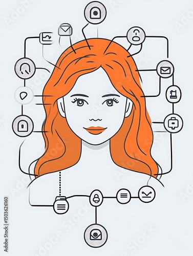 A woman with orange hair surrounded by thought bubble icons
