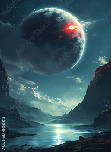 Futuristic Spaceship Interior with Earth View: Dark Metallic Control Panel, LED Night Lighting and Office Chair in 8K HDR Rendering for Sci-Fi Visuals, Tech Illustrations or Cinematic Backgrounds