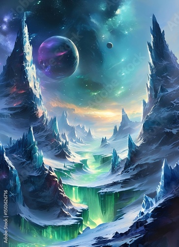 Surreal CGI Scene of Red-White Glowing Planet Over Dark Lake: Mysterious Celestial Landscape with Solitary Figure on Rocky Shore for Sci-Fi Wallpaper, Book Covers, Game Backgrounds or Film Concept Art