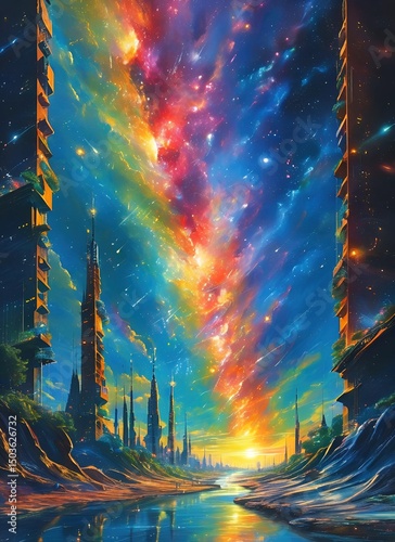 Cosmic Symphony Digital Art: Astronaut Playing Stellar Harp with Celestial River, Interstellar Cityscape Featuring Meteor Trails, Abstract Architecture and Futuristic Elements for Sci-Fi Projects, Alb